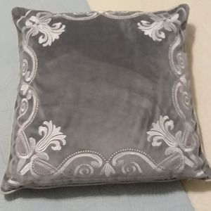 Pillow, grey and white velvet 16 x 16 inch.